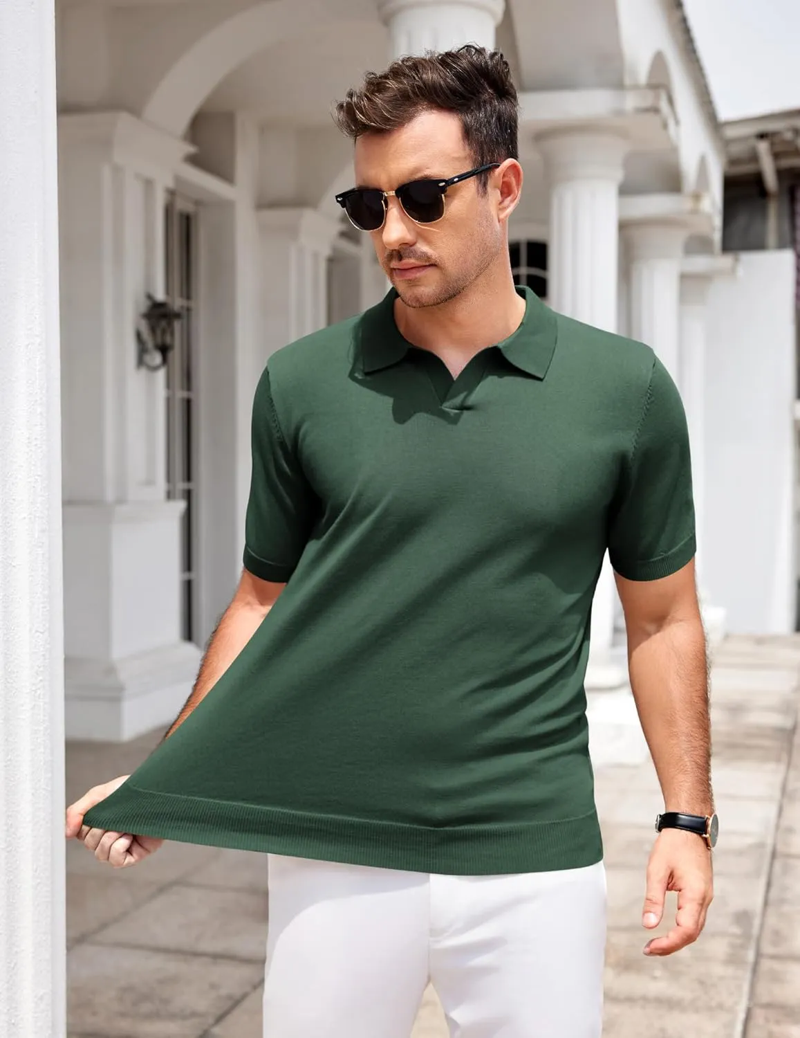 COOFANDY Mens Knit Polo Shirts V Neck Short Sleeve Stretch Polo T Shirt Casual Golf Shirts