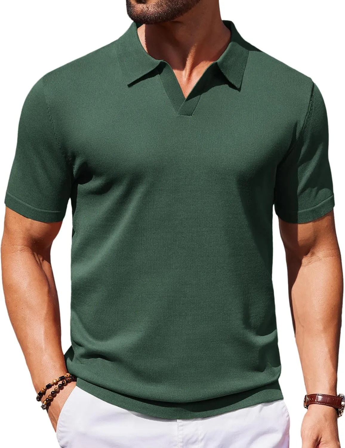 COOFANDY Mens Knit Polo Shirts V Neck Short Sleeve Stretch Polo T Shirt Casual Golf Shirts