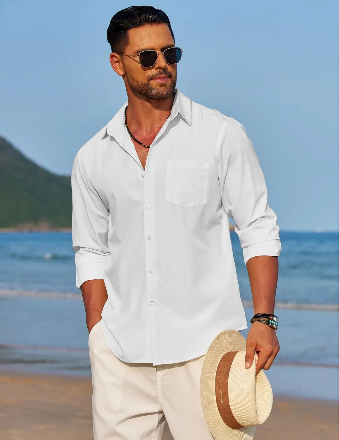 COOFANDY Men's Linen Long Sleeve Shirts Casual Button Down Untucked Shirt Vacation Wedding Shirts with Pocket