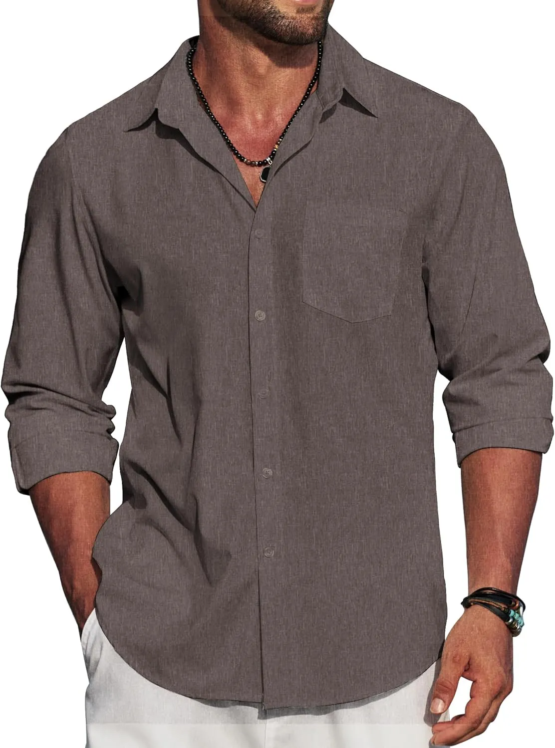COOFANDY Men's Linen Long Sleeve Shirts Casual Button Down Untucked Shirt Vacation Wedding Shirts with Pocket