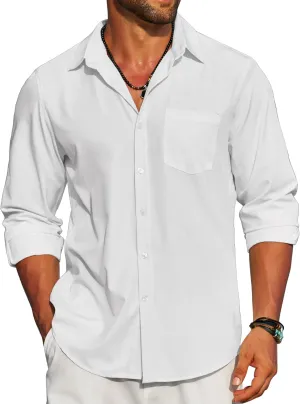 COOFANDY Men's Linen Long Sleeve Shirts Casual Button Down Untucked Shirt Vacation Wedding Shirts with Pocket