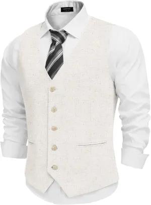 COOFANDY Men's Linen Vest Casual Linen Slim Fit Suit Vests Dress Waistcoat Wedding Business Prom
