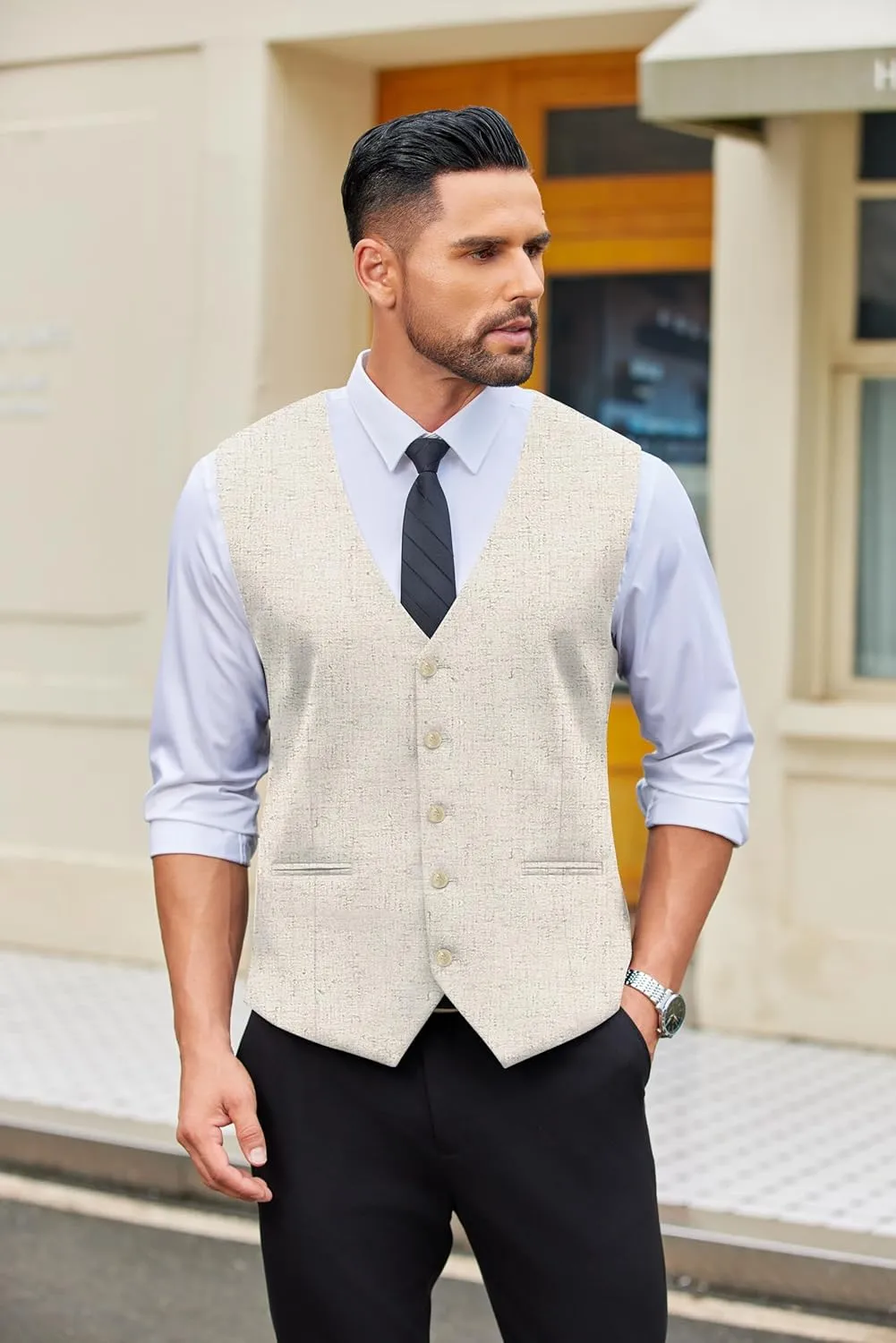 COOFANDY Men's Linen Vest Casual Linen Slim Fit Suit Vests Dress Waistcoat Wedding Business Prom