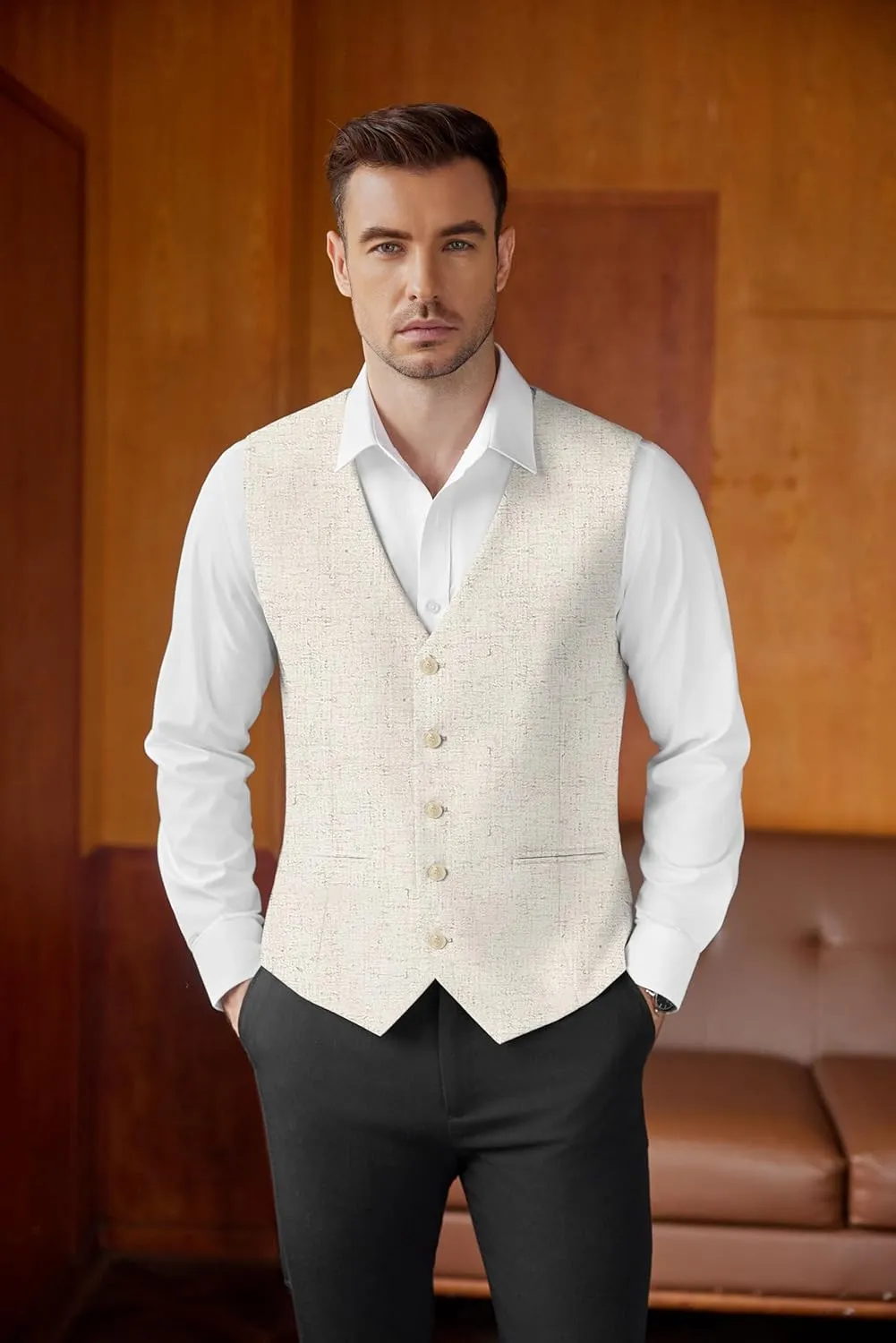 COOFANDY Men's Linen Vest Casual Linen Slim Fit Suit Vests Dress Waistcoat Wedding Business Prom