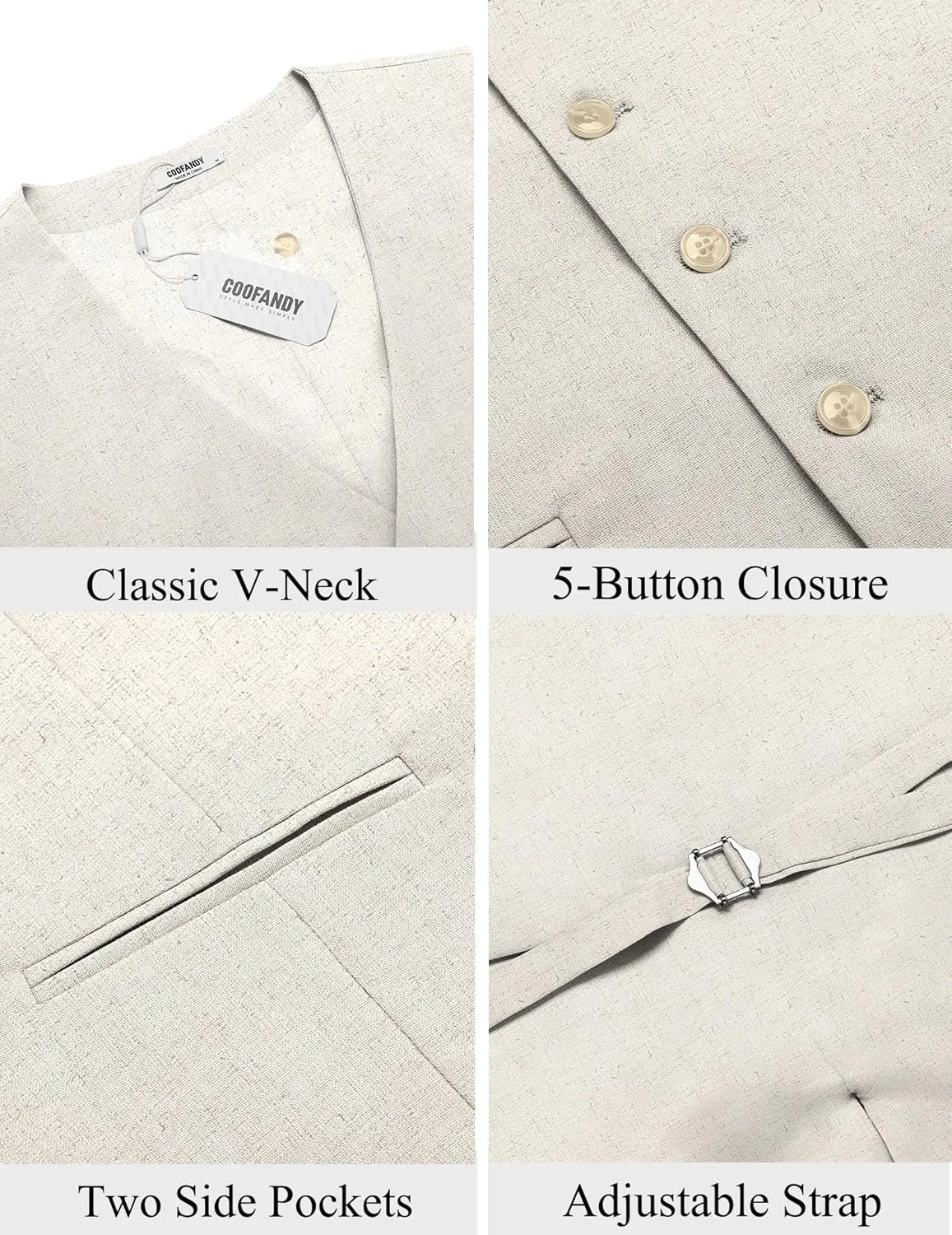 COOFANDY Men's Linen Vest Casual Linen Slim Fit Suit Vests Dress Waistcoat Wedding Business Prom
