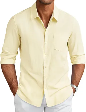 COOFANDY Men's Long Sleeve Button Down Shirts Casual Cotton Linen Shirts Summer Beach Shirt with Pocket