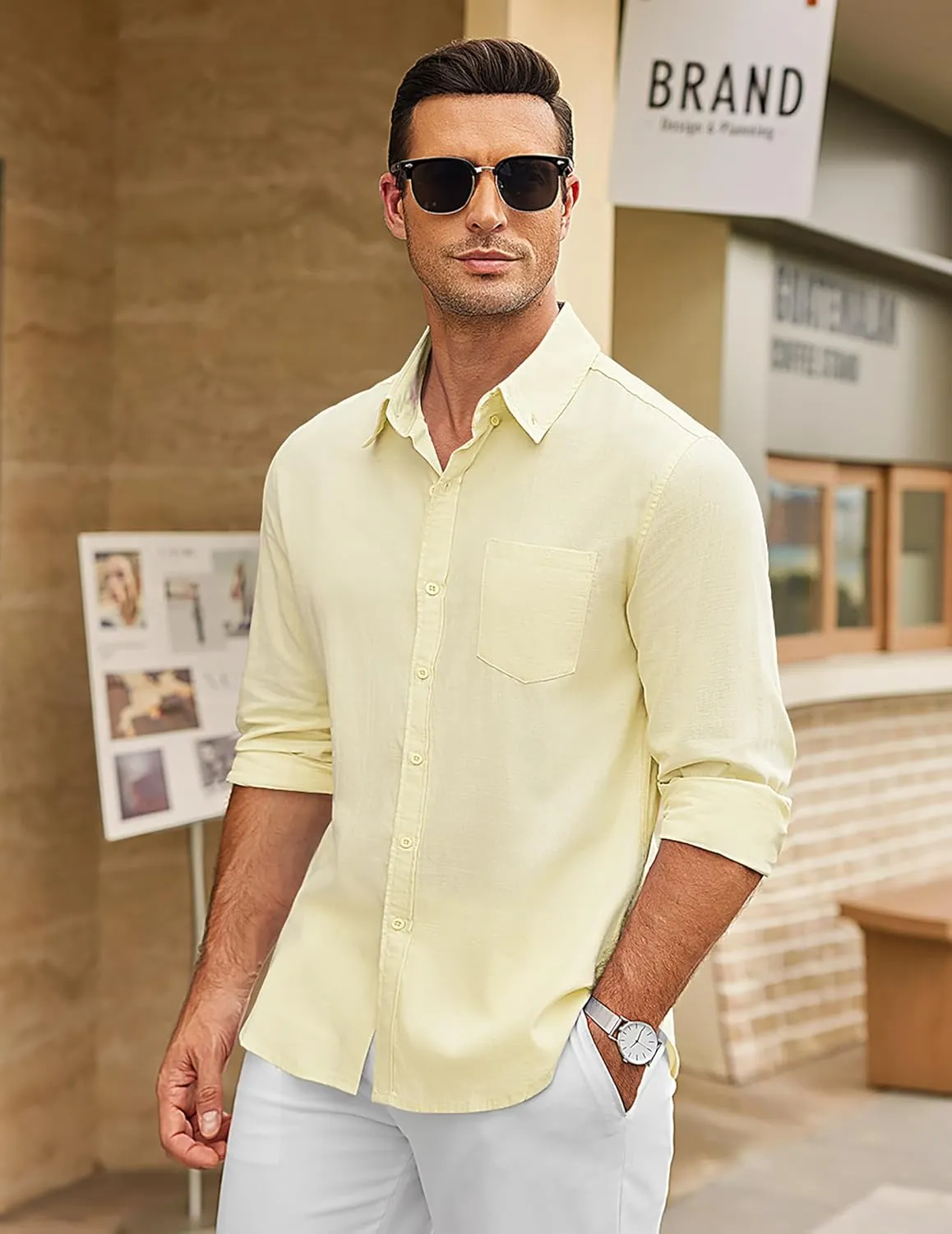 COOFANDY Men's Long Sleeve Button Down Shirts Casual Cotton Linen Shirts Summer Beach Shirt with Pocket