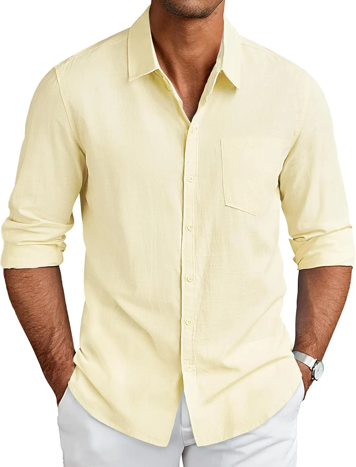 COOFANDY Men's Long Sleeve Button Down Shirts Casual Cotton Linen Shirts Summer Beach Shirt with Pocket