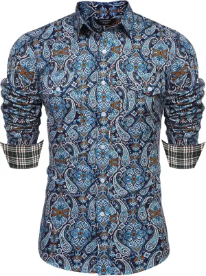 COOFANDY Mens Paisley Printed Shirts Casual Long Sleeve Button Down Shirts Floral Dress Shirt with Pockets