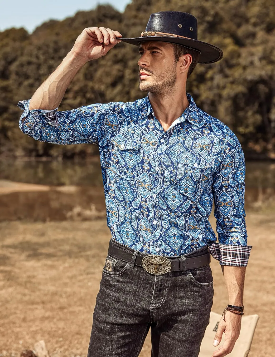 COOFANDY Mens Paisley Printed Shirts Casual Long Sleeve Button Down Shirts Floral Dress Shirt with Pockets
