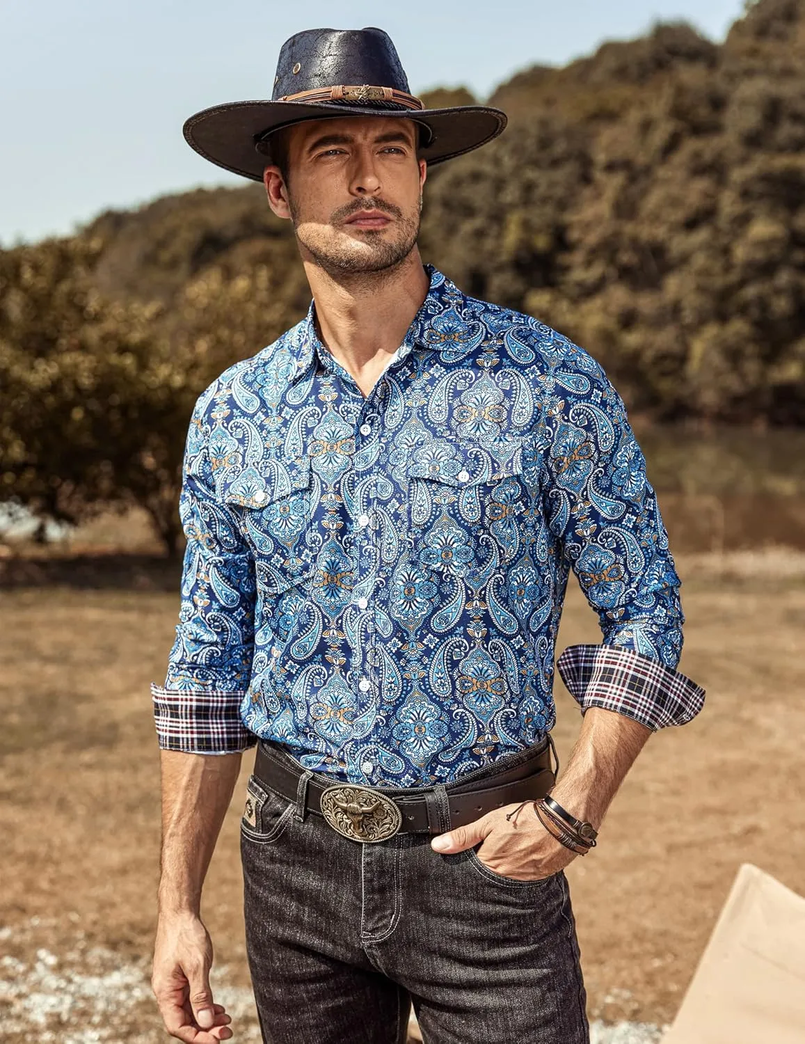 COOFANDY Mens Paisley Printed Shirts Casual Long Sleeve Button Down Shirts Floral Dress Shirt with Pockets