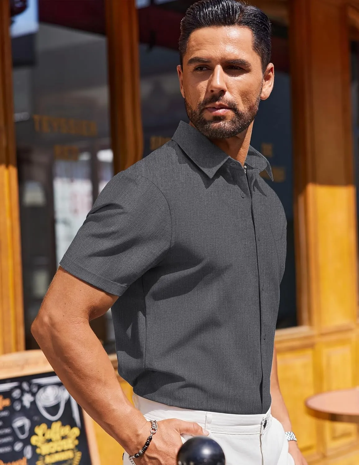 COOFANDY Mens Short Sleeve Button Down Shirts Casual Summer Beach Shirt Wedding Dress Shirts with Pocket