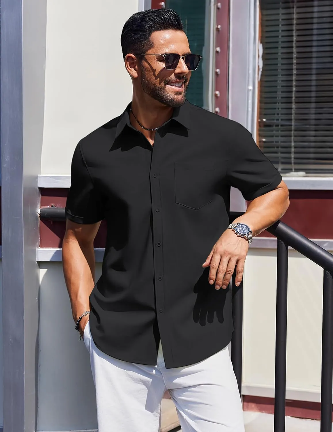 COOFANDY Mens Short Sleeve Button Down Shirts Casual Summer Beach Shirt Wedding Dress Shirts with Pocket