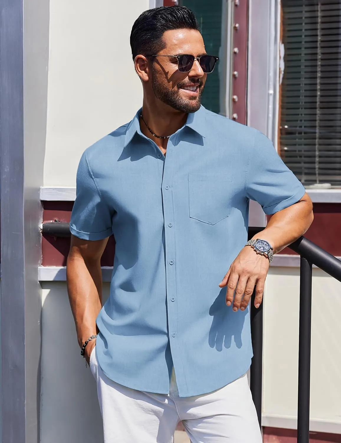 COOFANDY Mens Short Sleeve Button Down Shirts Casual Summer Beach Shirt Wedding Dress Shirts with Pocket