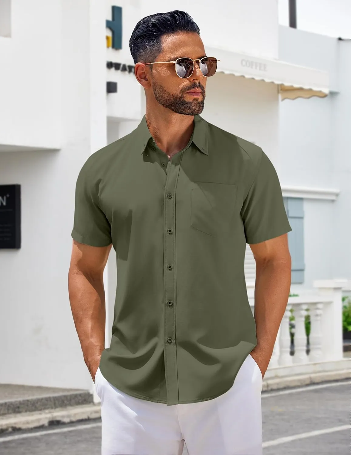 COOFANDY Men's Short Sleeve Button Down Shirts Casual Summer Untucked Wrinkle Free Dress Shirts with Pocket