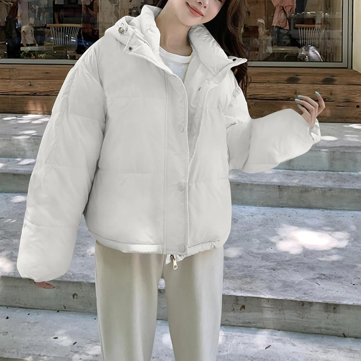 Cotton Padded Coats for Women Fashion Winter Cropped Hooded Puffer Jacket Zip Up Button Parka Jacket with Pockets