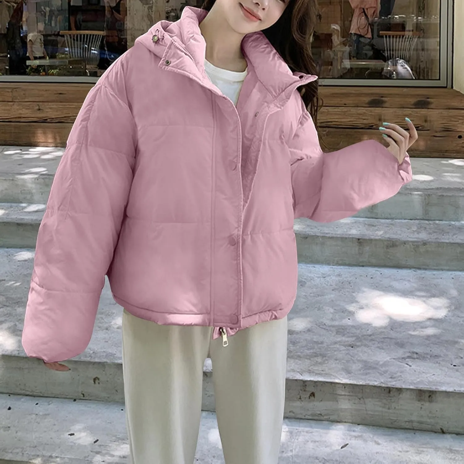 Cotton Padded Coats for Women Fashion Winter Cropped Hooded Puffer Jacket Zip Up Button Parka Jacket with Pockets