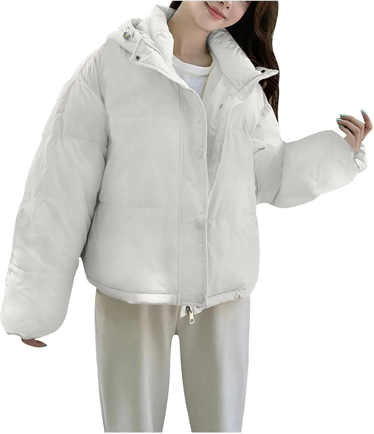 Cotton Padded Coats for Women Fashion Winter Cropped Hooded Puffer Jacket Zip Up Button Parka Jacket with Pockets