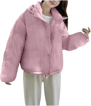Cotton Padded Coats for Women Fashion Winter Cropped Hooded Puffer Jacket Zip Up Button Parka Jacket with Pockets