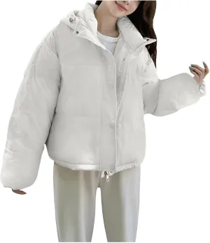 Cotton Padded Coats for Women Fashion Winter Cropped Hooded Puffer Jacket Zip Up Button Parka Jacket with Pockets