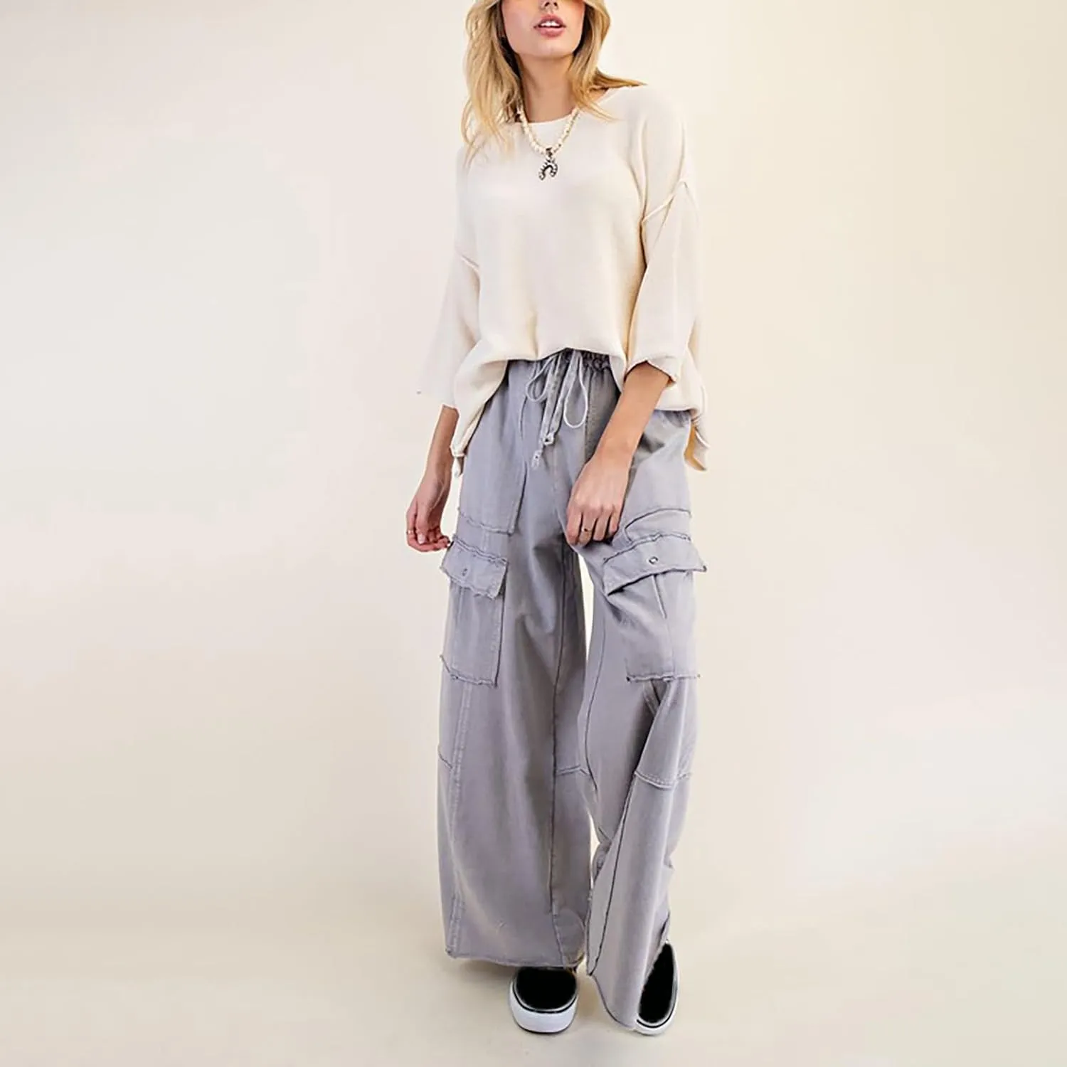 Culottes for Women Casual Summer Elastic Waist Cargo Jeans Loose Fit Lightweight Flowy Wide Leg Palazzo Pants with Pockets