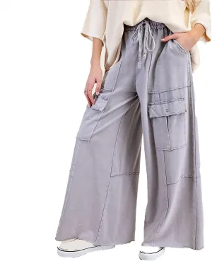 Culottes for Women Casual Summer Elastic Waist Cargo Jeans Loose Fit Lightweight Flowy Wide Leg Palazzo Pants with Pockets