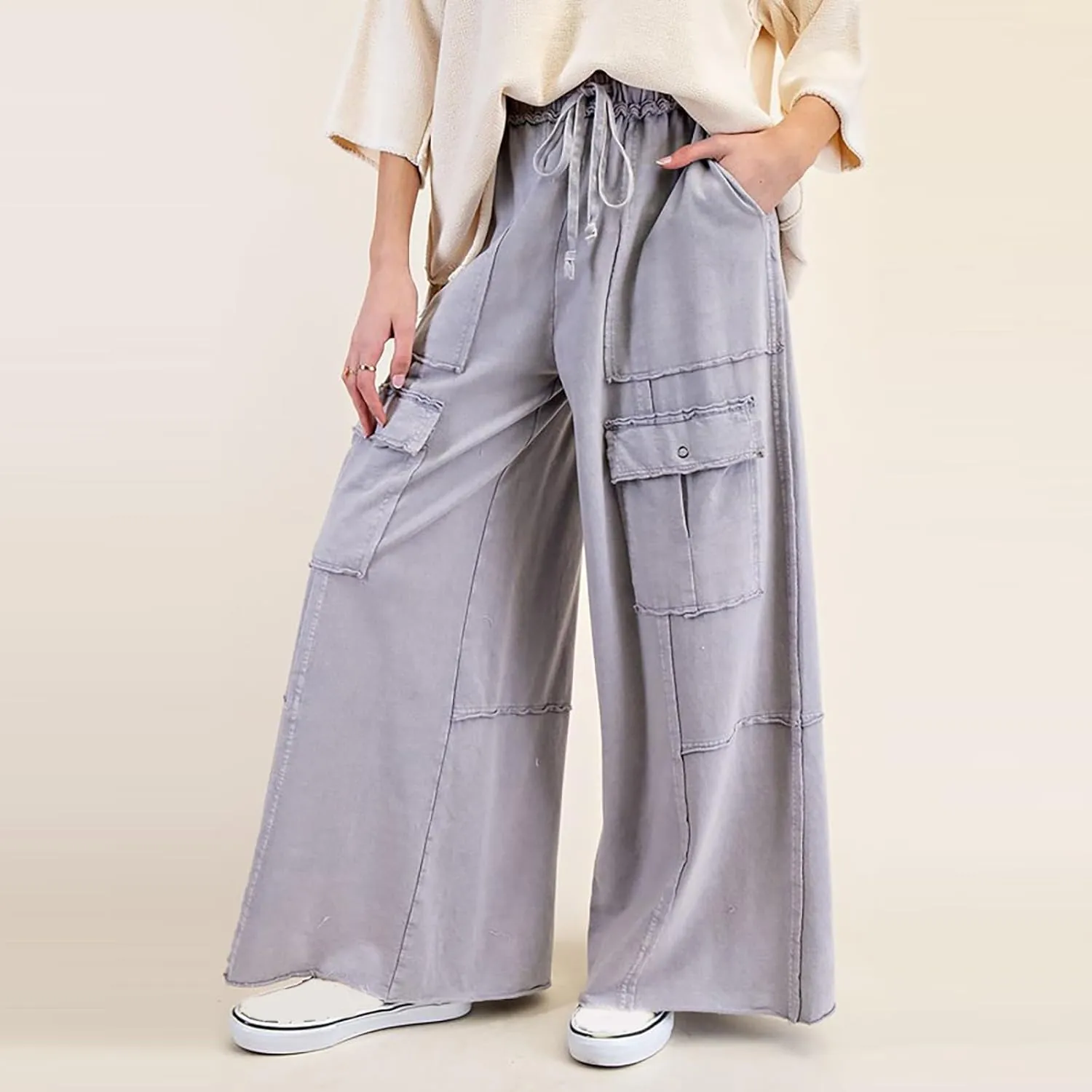 Culottes for Women Casual Summer Elastic Waist Cargo Jeans Loose Fit Lightweight Flowy Wide Leg Palazzo Pants with Pockets