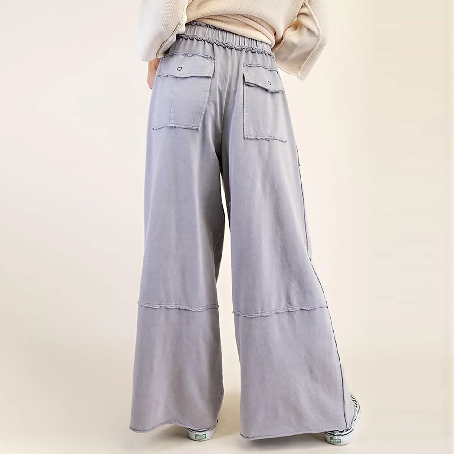 Culottes for Women Casual Summer Elastic Waist Cargo Jeans Loose Fit Lightweight Flowy Wide Leg Palazzo Pants with Pockets
