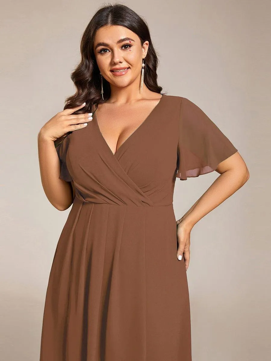 Custom Size Ruffles Sleeve Pleated V-Neck A-Line Midi Chiffon Wedding Guest Dress