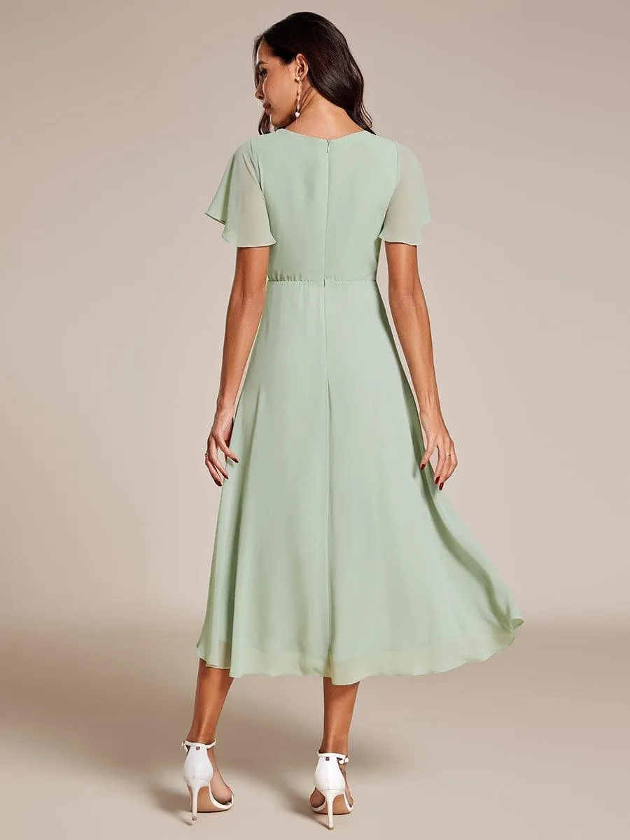 Custom Size Ruffles Sleeve Pleated V-Neck A-Line Midi Chiffon Wedding Guest Dress