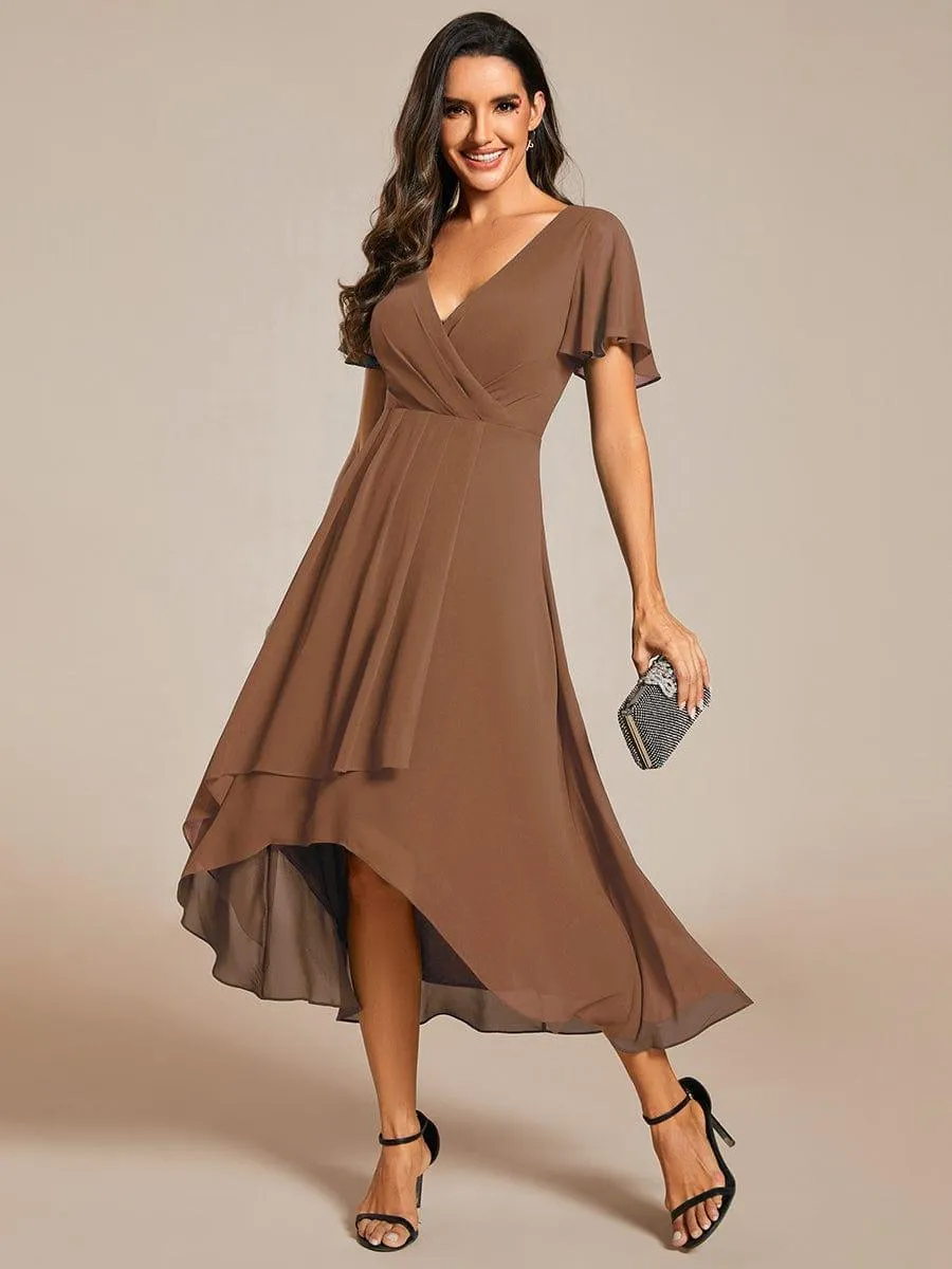 Custom Size Ruffles Sleeve Pleated V-Neck A-Line Midi Chiffon Wedding Guest Dress