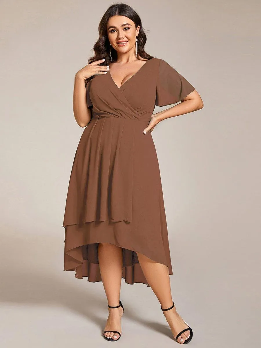 Custom Size Ruffles Sleeve Pleated V-Neck A-Line Midi Chiffon Wedding Guest Dress