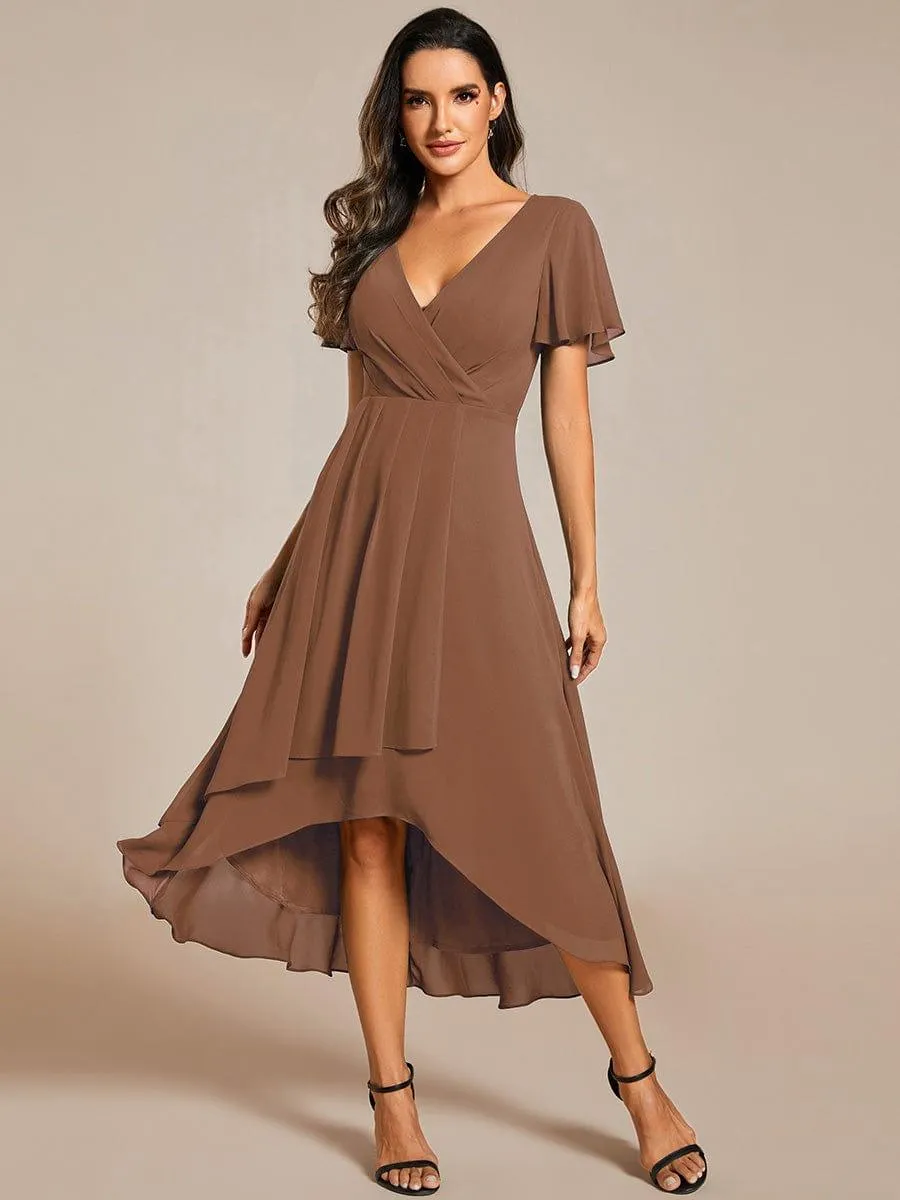 Custom Size Ruffles Sleeve Pleated V-Neck A-Line Midi Chiffon Wedding Guest Dress