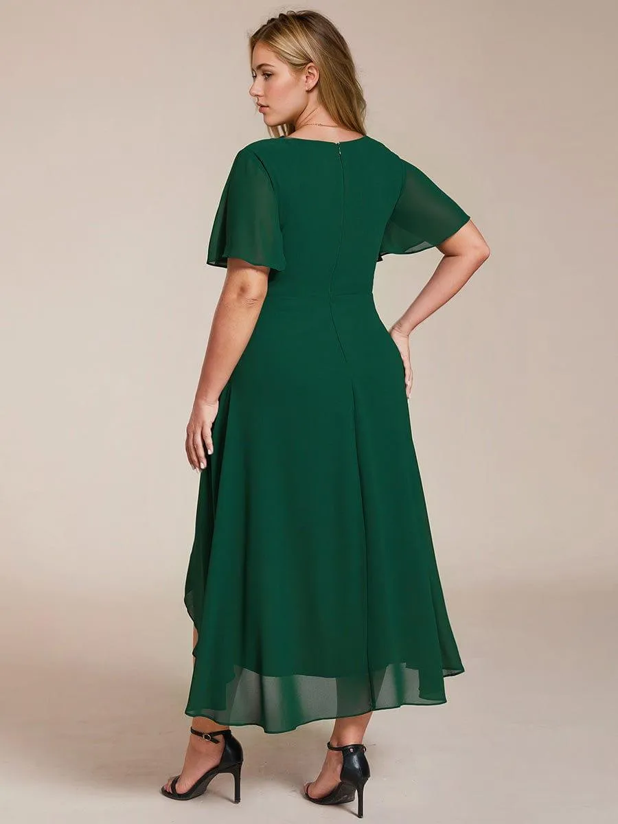 Custom Size Ruffles Sleeve Pleated V-Neck A-Line Midi Chiffon Wedding Guest Dress