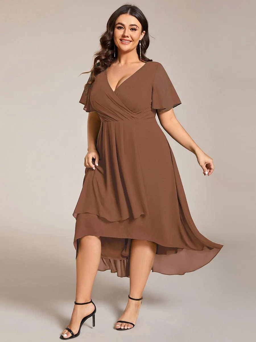 Custom Size Ruffles Sleeve Pleated V-Neck A-Line Midi Chiffon Wedding Guest Dress