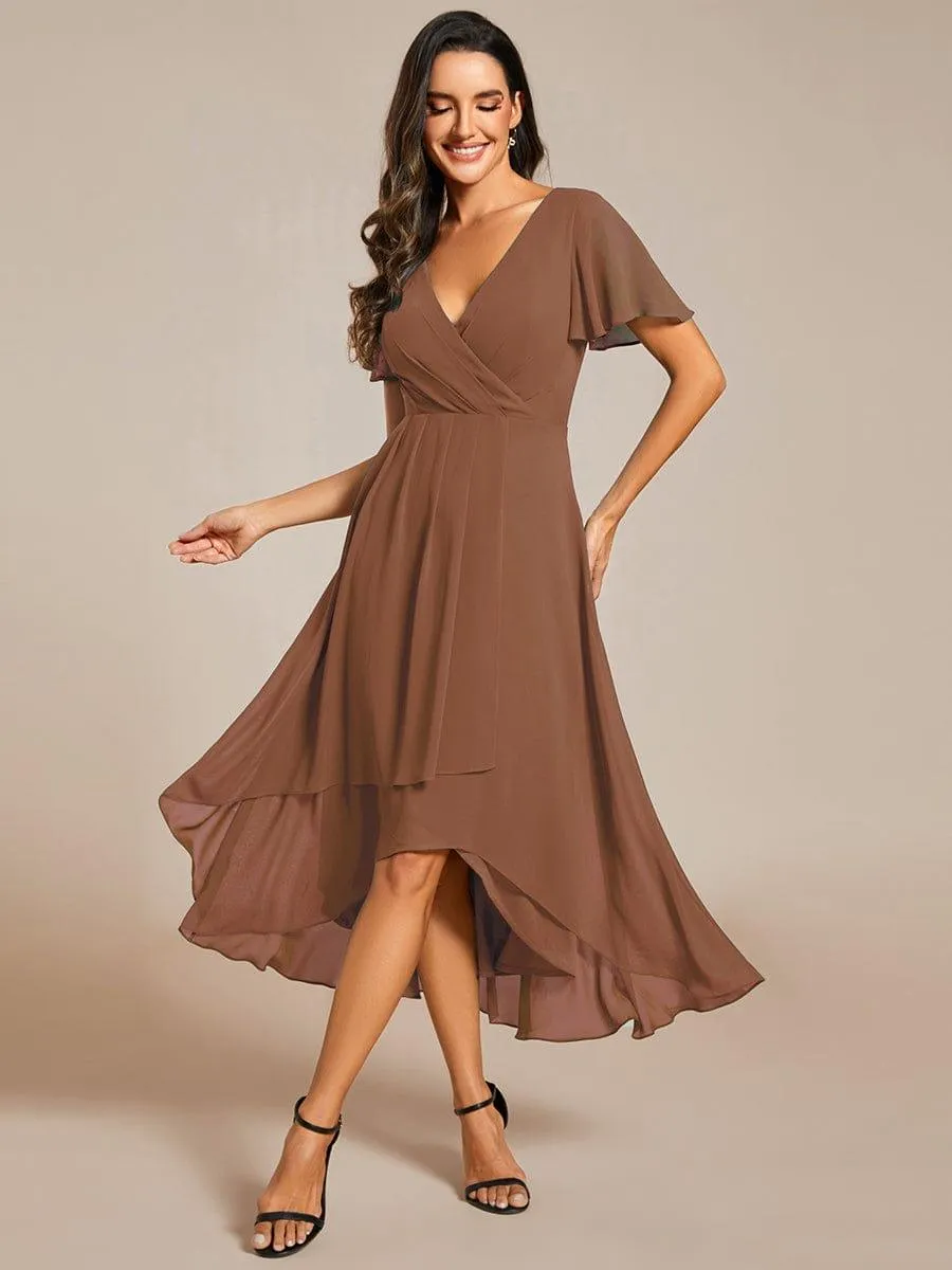 Custom Size Ruffles Sleeve Pleated V-Neck A-Line Midi Chiffon Wedding Guest Dress