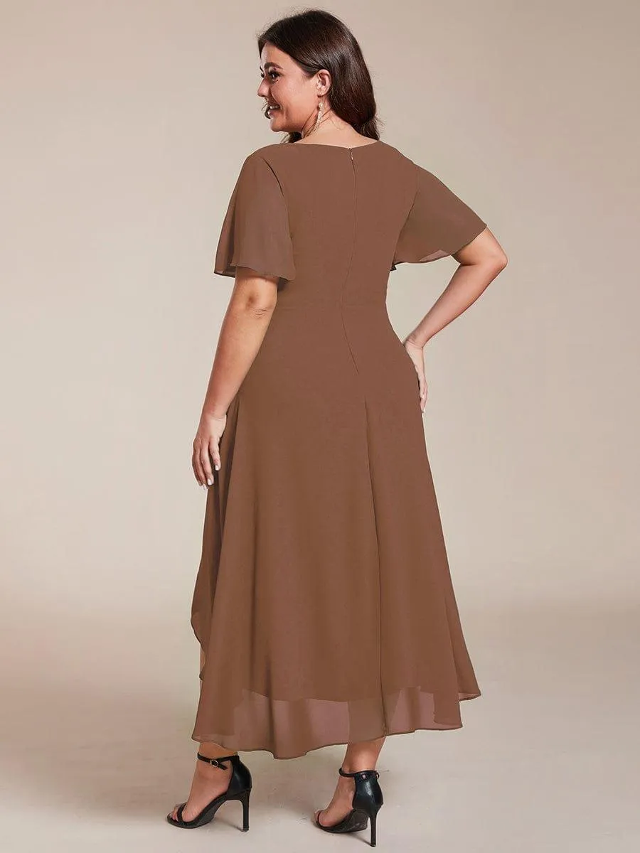 Custom Size Ruffles Sleeve Pleated V-Neck A-Line Midi Chiffon Wedding Guest Dress