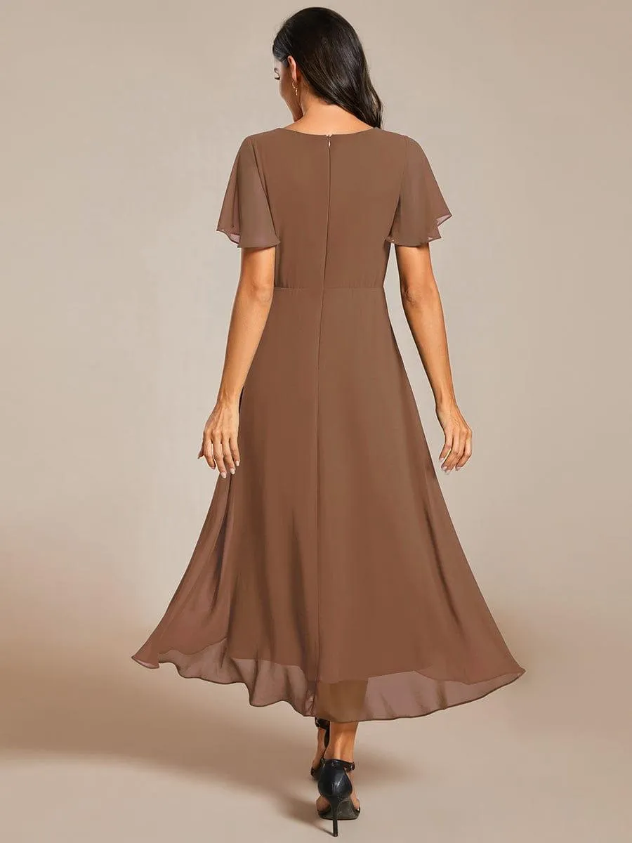 Custom Size Ruffles Sleeve Pleated V-Neck A-Line Midi Chiffon Wedding Guest Dress