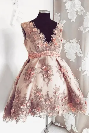 Cute V-neck Lace Short Homecoming Dress, Appliqued Short Pink Sweet 16 Dress