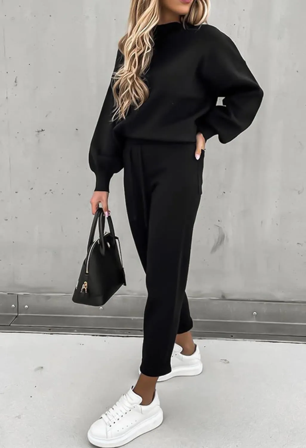 Cutiefox Women's 2 Piece Sweatsuit Outfits Lantern Sleeve Pullover Tops and High Waist Jogger Pants Lounge Sets