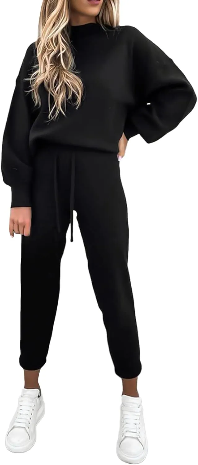Cutiefox Women's 2 Piece Sweatsuit Outfits Lantern Sleeve Pullover Tops and High Waist Jogger Pants Lounge Sets