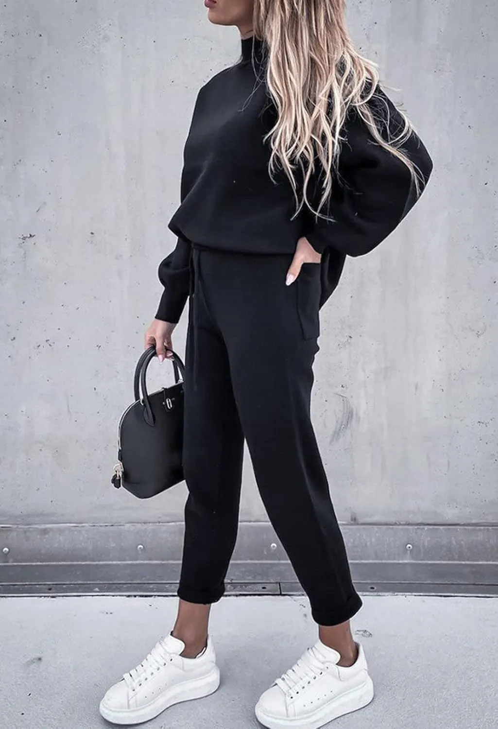 Cutiefox Women's 2 Piece Sweatsuit Outfits Lantern Sleeve Pullover Tops and High Waist Jogger Pants Lounge Sets