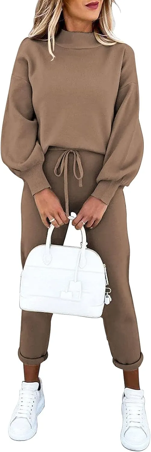 Cutiefox Women's 2 Piece Sweatsuit Outfits Lantern Sleeve Pullover Tops and High Waist Jogger Pants Lounge Sets