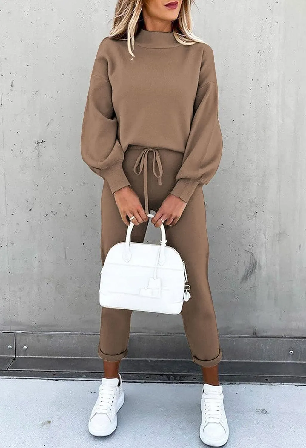 Cutiefox Women's 2 Piece Sweatsuit Outfits Lantern Sleeve Pullover Tops and High Waist Jogger Pants Lounge Sets