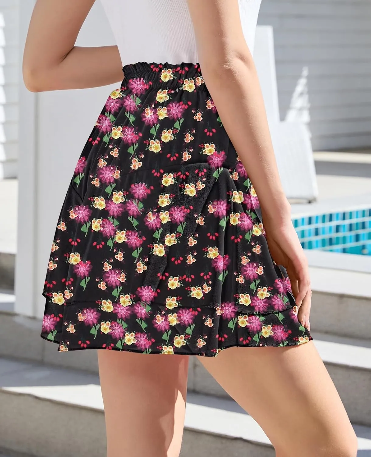 CYiNu Women's Flowy Short Boho Floral Skorts Casual Ruffle High Waist Mini Skirts Summer Running Chiffon Butterfly Culottes