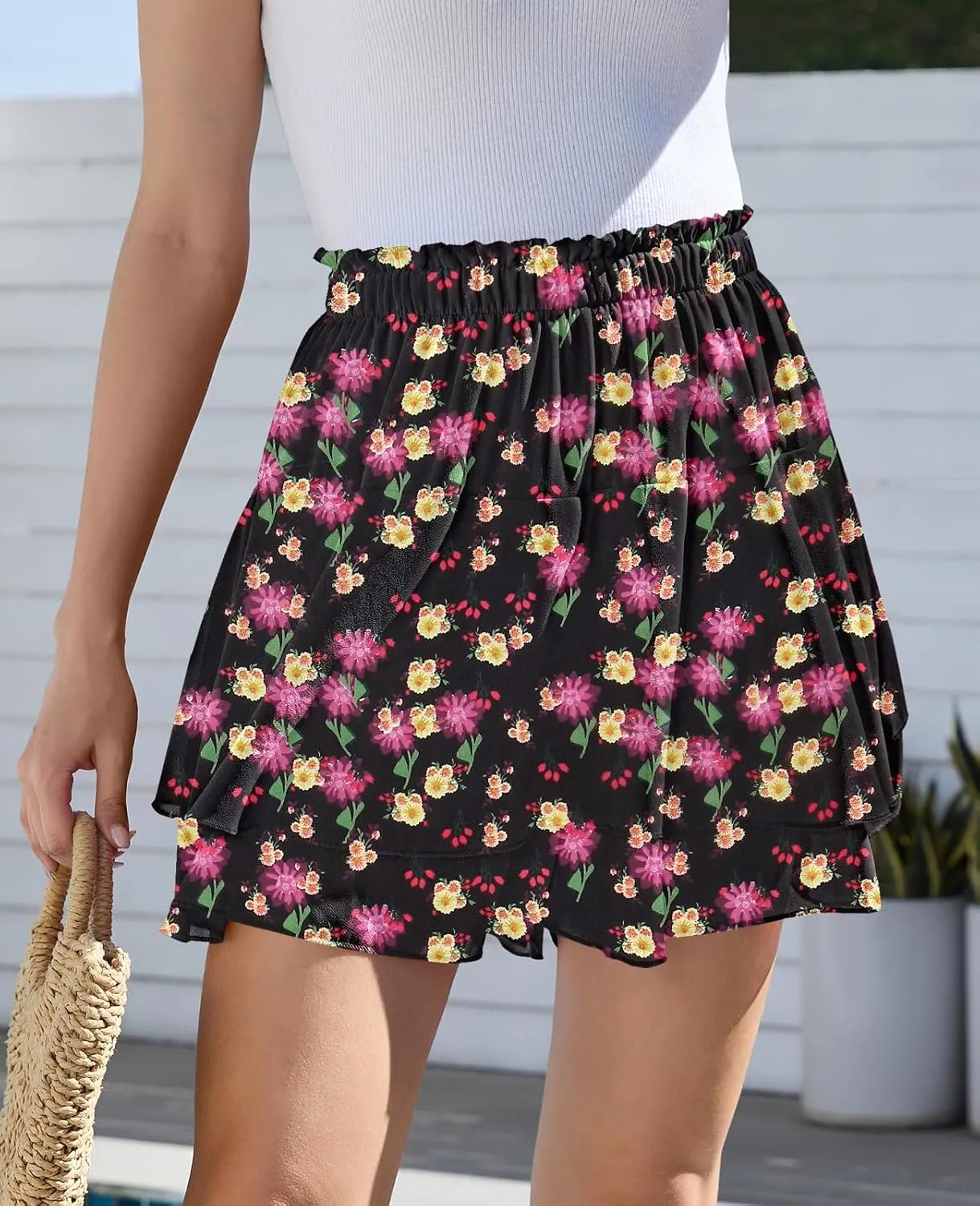 CYiNu Women's Flowy Short Boho Floral Skorts Casual Ruffle High Waist Mini Skirts Summer Running Chiffon Butterfly Culottes