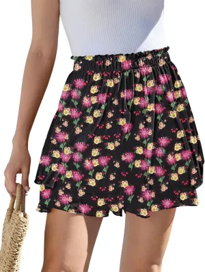 CYiNu Women's Flowy Short Boho Floral Skorts Casual Ruffle High Waist Mini Skirts Summer Running Chiffon Butterfly Culottes