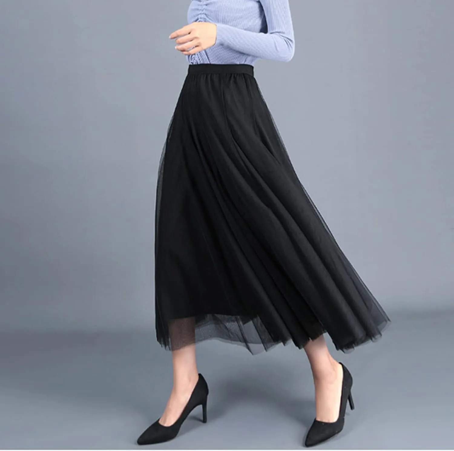 Daysskk Women's Tulle Skirt Elegant Pleated Skirts for Women Midi Length Elastic Waist