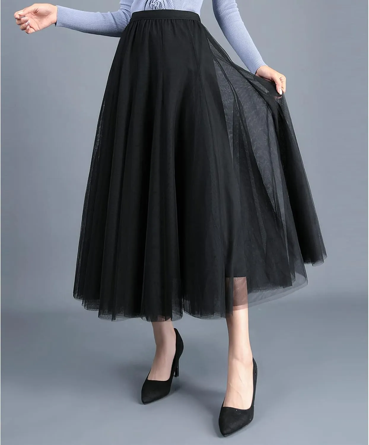 Daysskk Women's Tulle Skirt Elegant Pleated Skirts for Women Midi Length Elastic Waist