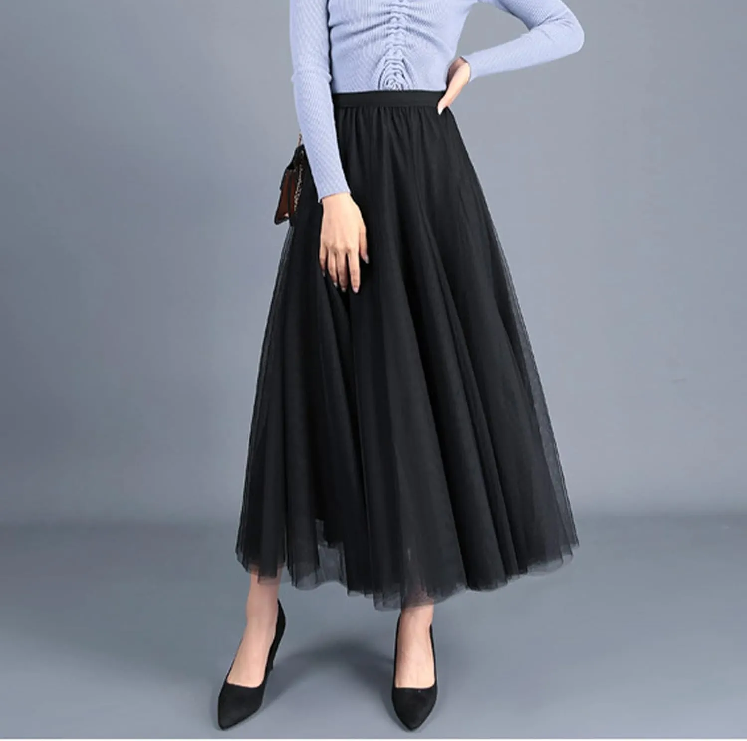 Daysskk Women's Tulle Skirt Elegant Pleated Skirts for Women Midi Length Elastic Waist